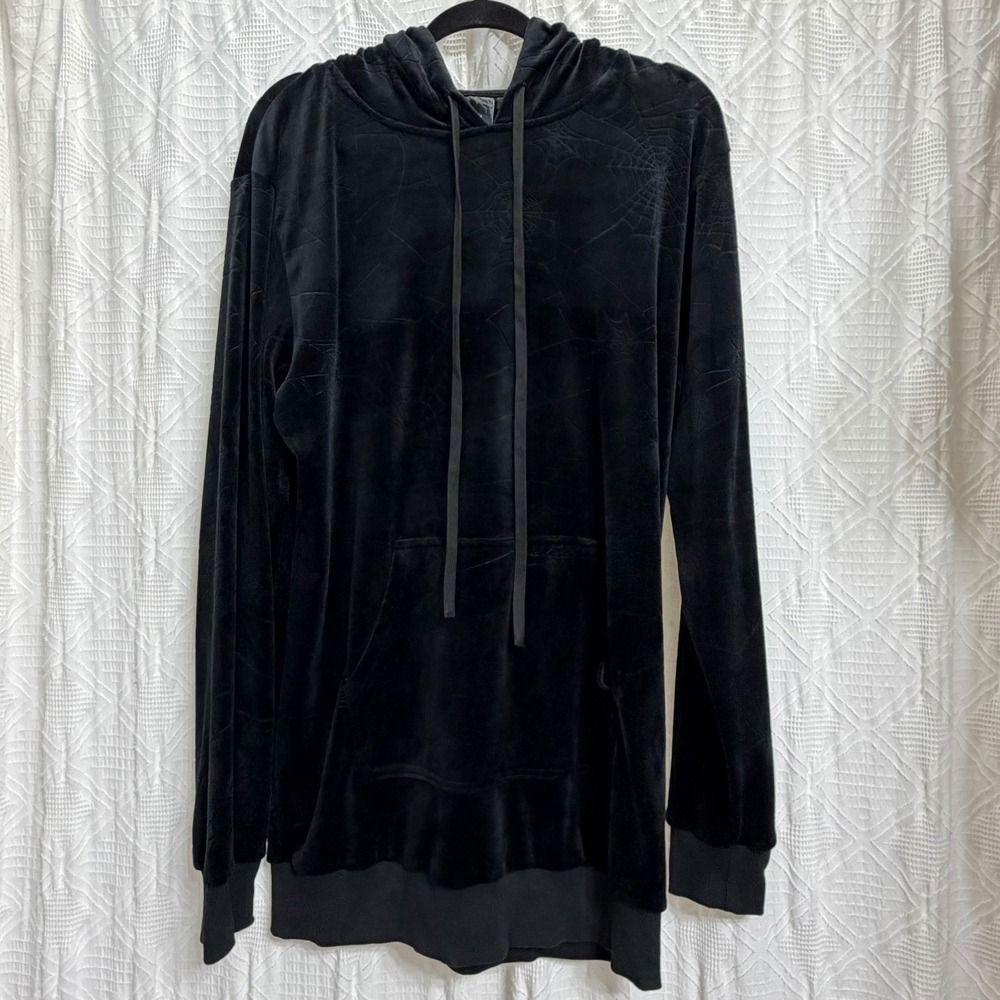 Killstar Black Spiderweb Velour Velvet Longline Hoodie Goth Embossed Large